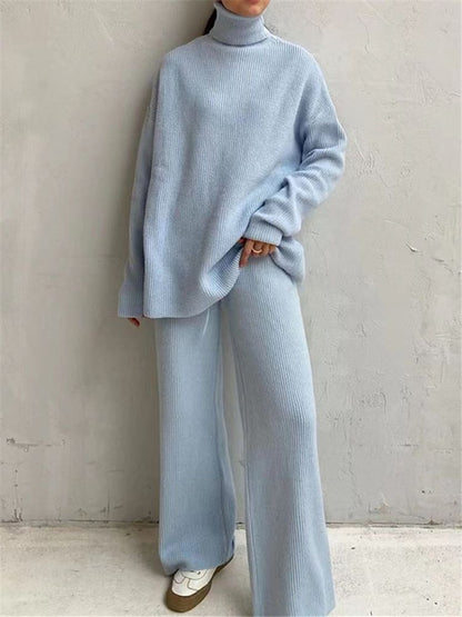Knitted Tracksuit Set - Women's Two Piece Clothing With Turtleneck Sweater & Pants