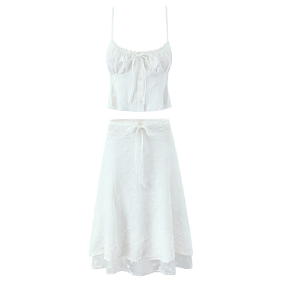 Lace Sling Vest Skirt - Retro Two Piece Set With Long Lace Skirt & Small Sling Vest