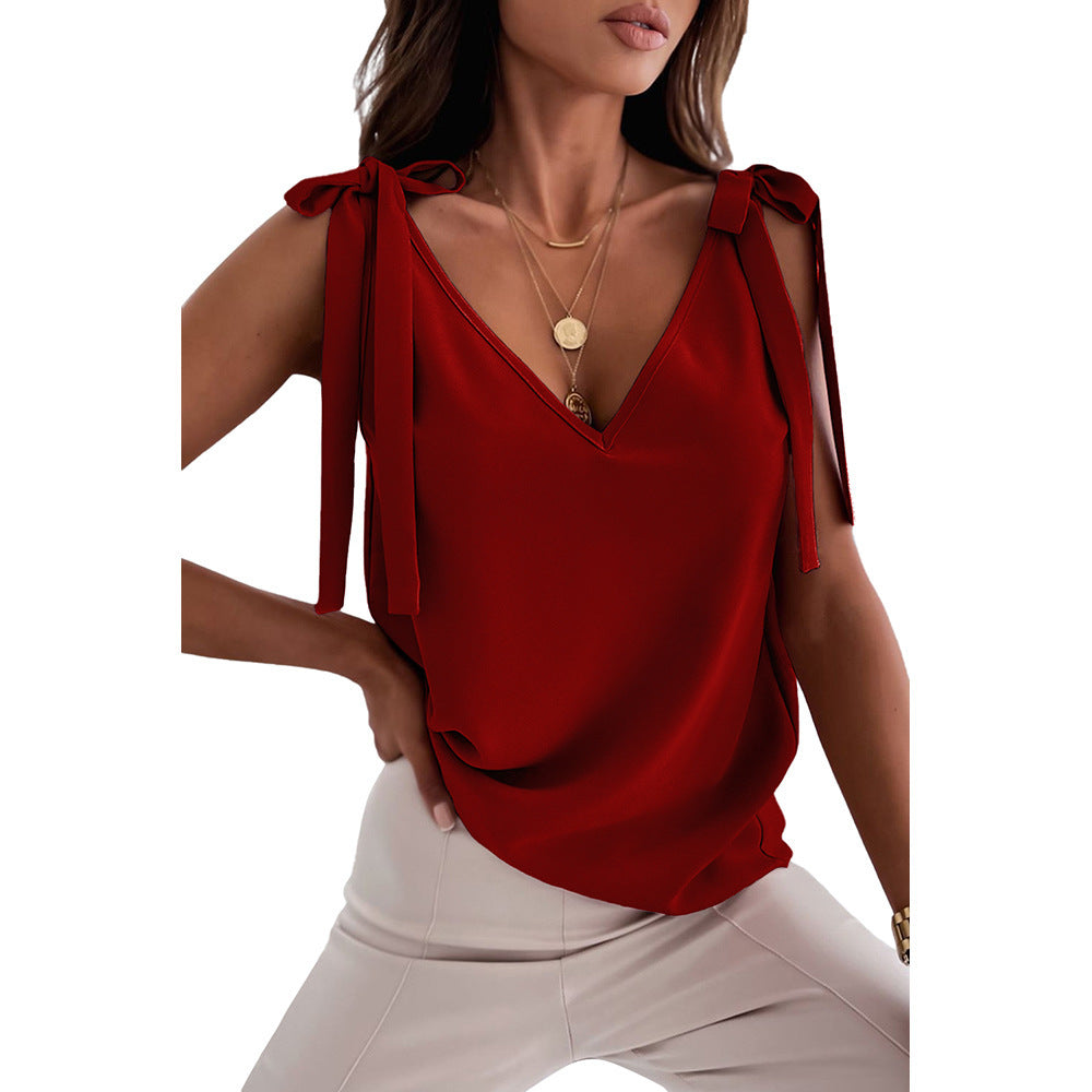 Bowknot Camisole Top - Sleeveless Satin Tie Up Tank, V Neck Summer Shirt