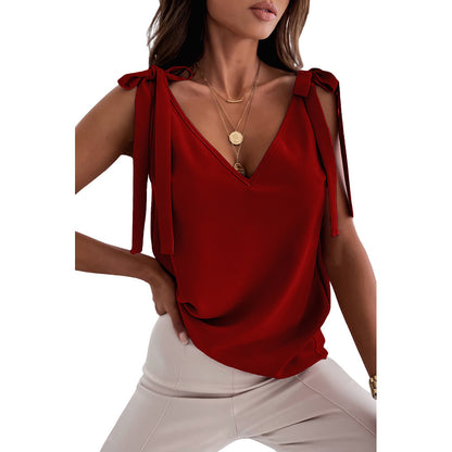 Bowknot Camisole Top - Sleeveless Satin Tie Up Tank, V Neck Summer Shirt