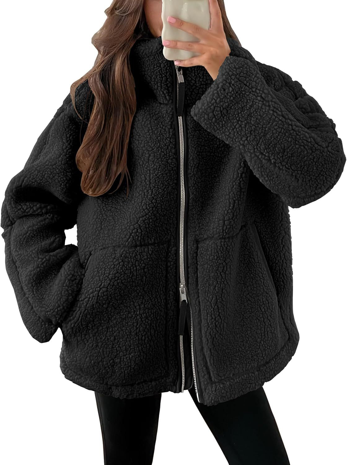 Winter Zip-Up Coat With Pockets - Women's Fleece Jacket, Casual Lapel Style