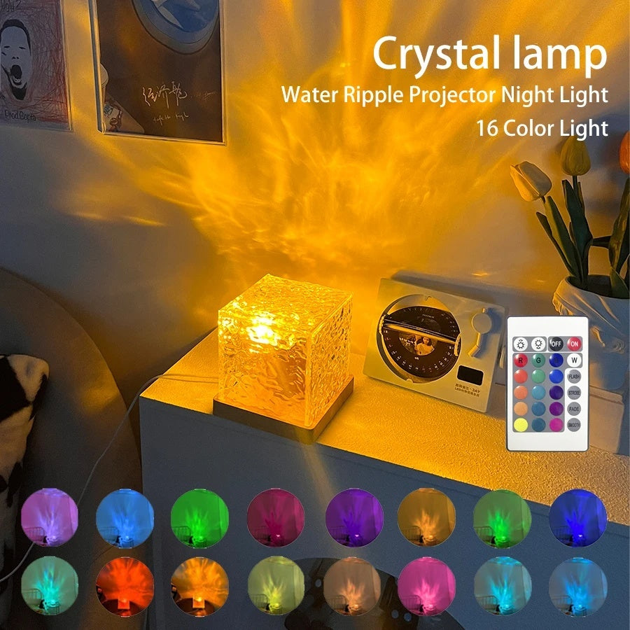 Crystal lamp water ripple projector night light on table with remote and retro radio