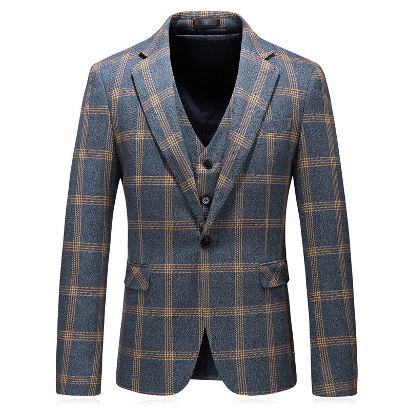 Business Wedding Suit - Men's Yellow Check Three Piece Formal Dress Set