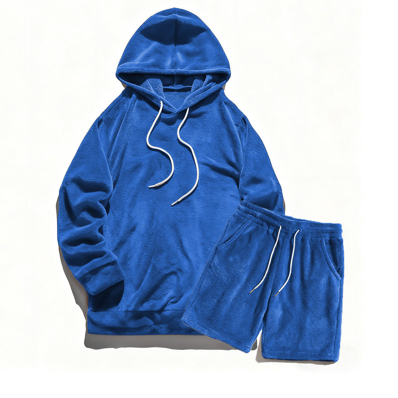 Blue fleece hoodie and shorts lounge set with white drawstrings on white background