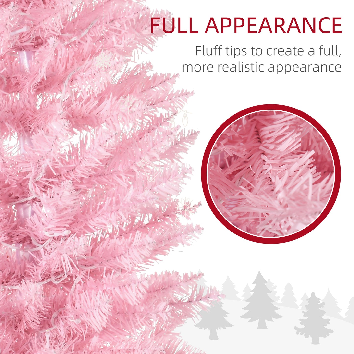 Pink artificial Christmas tree with fluffy tips for a full, realistic appearance