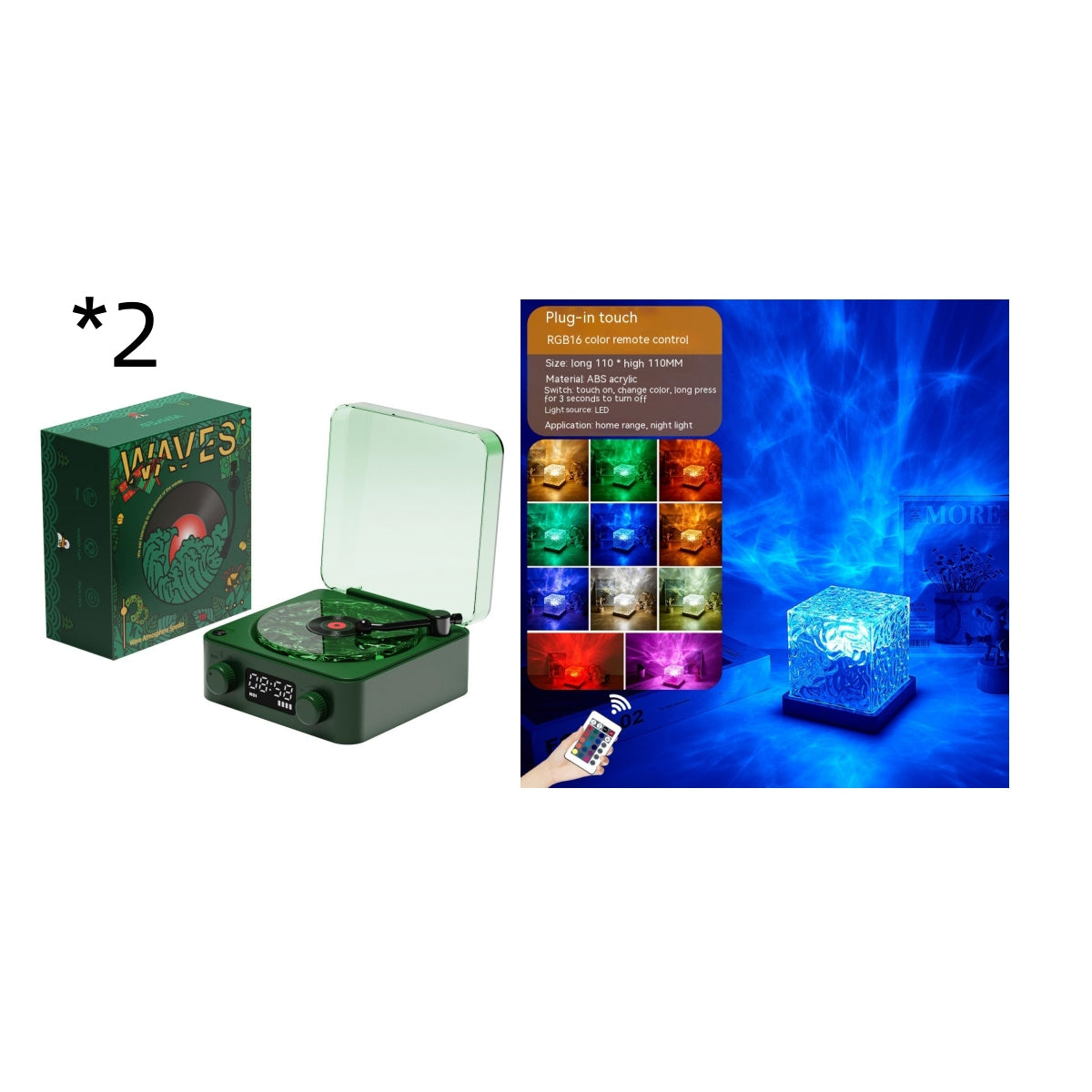 Green WAVES vinyl record player with transparent cover and LED RGB wave light projector with remote control