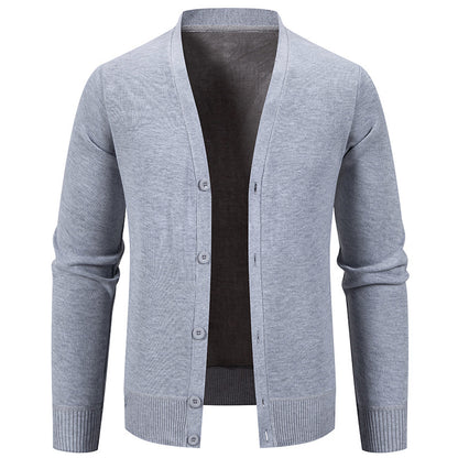 light gray button-up men's cardigan sweater with ribbed cuffs and hem on white background
