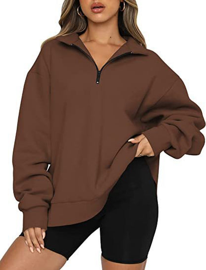 Women Zip Sweatshirt - Loose Pullover With Turndown Collar | Casual Tops