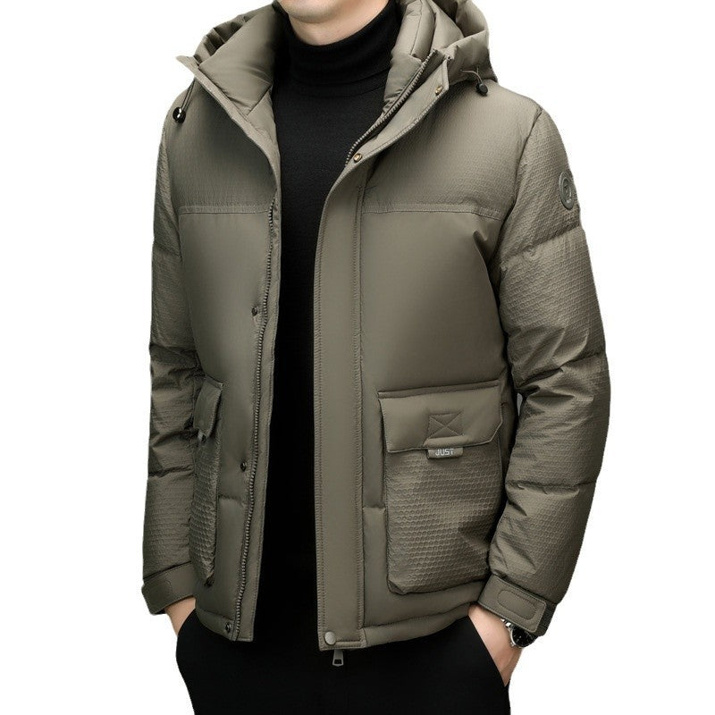 Men's olive green padded winter jacket with hood, front pockets, and zipper closure