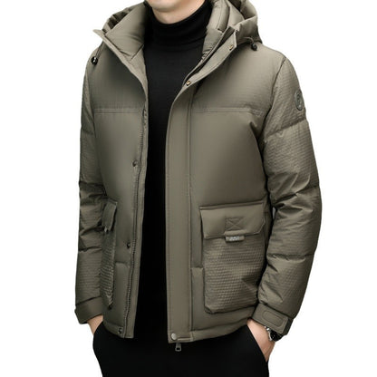 Men's olive green padded winter jacket with hood, front pockets, and zipper closure