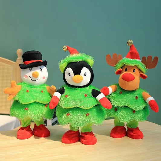 Christmas plush toys of snowman, penguin, and reindeer dressed in green tree costumes with red shoes and hats