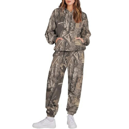 Camouflage Sports Set - Women's Loose Fit Tracksuit With Hooded Sweatshirt & Pants