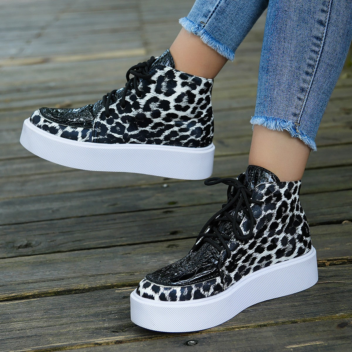 Leopard Print Women's Shoes | High-Top Casual Shoes With Flat Platform Sole