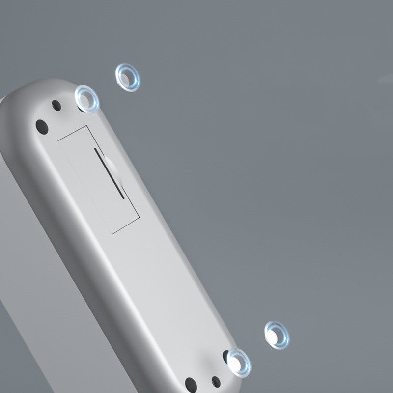 Modern sleek white air purifier with floating blue light rings on gray background