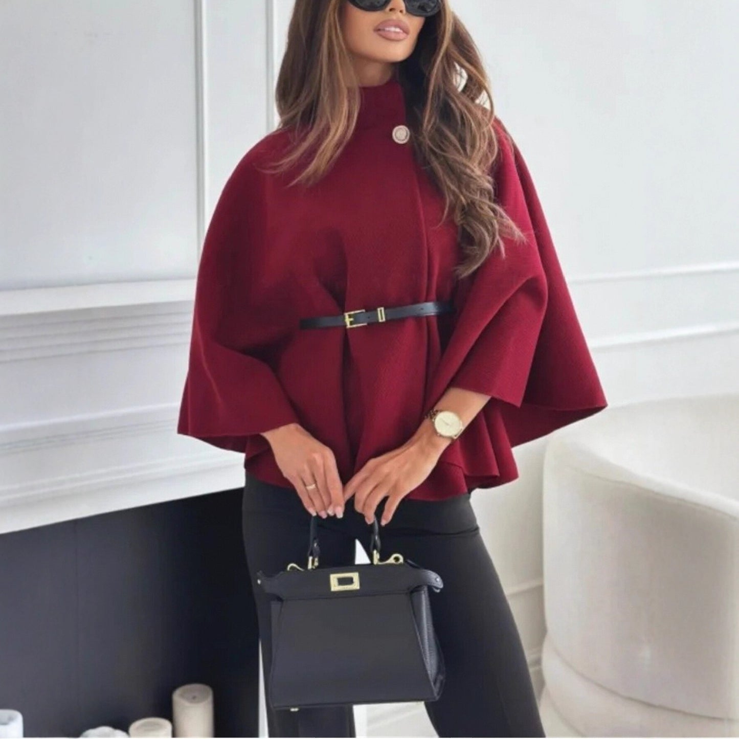 Stand Collar Cloak - Batwing Sleeve Jacket With Belted Woolen Sweater Outwear