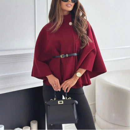 Stand Collar Cloak - Batwing Sleeve Jacket With Belted Woolen Sweater Outwear