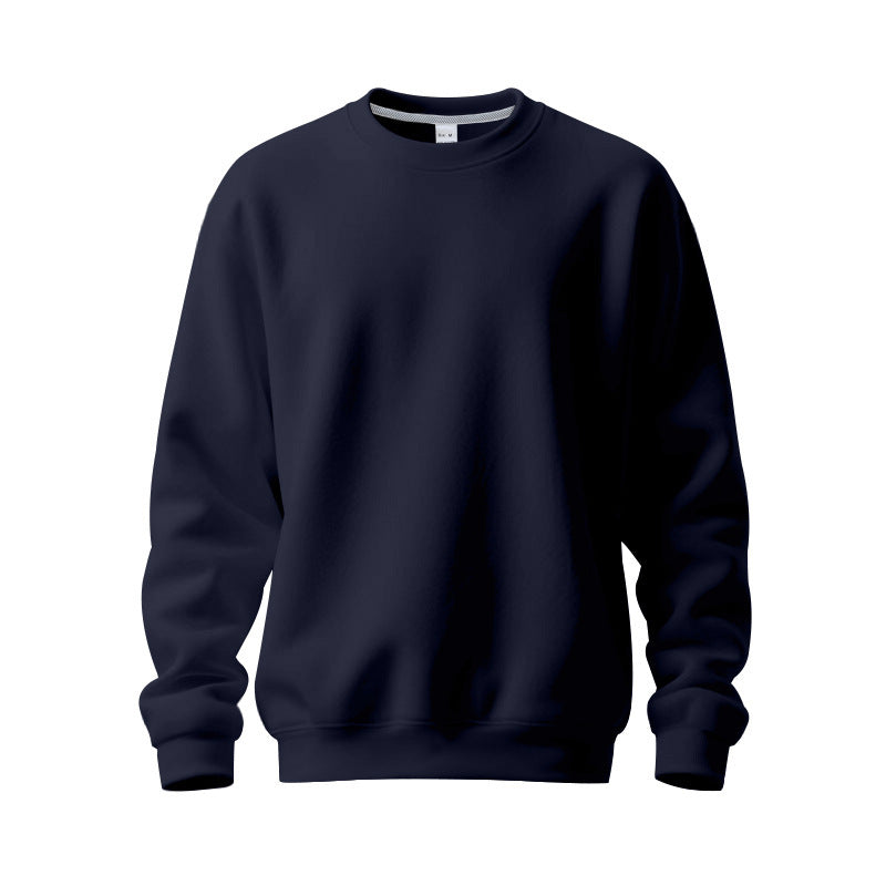 Plain navy blue crewneck sweatshirt with long sleeves and ribbed cuffs and hem
