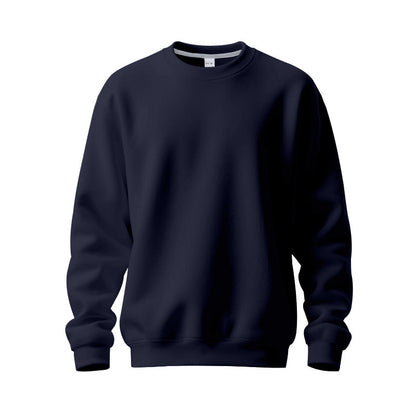 Plain navy blue crewneck sweatshirt with long sleeves and ribbed cuffs and hem