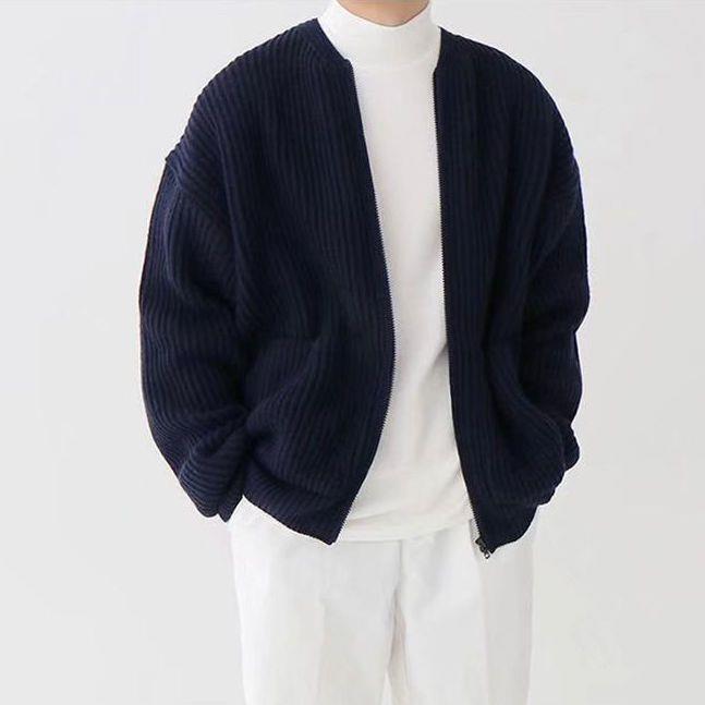 Men Knitted Cardigan | Zip Up Sweater With Lined Funnel Neck & Pockets
