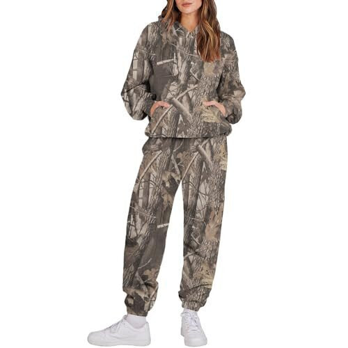 Camouflage Sports Set - Women's Loose Fit Tracksuit With Hooded Sweatshirt & Pants