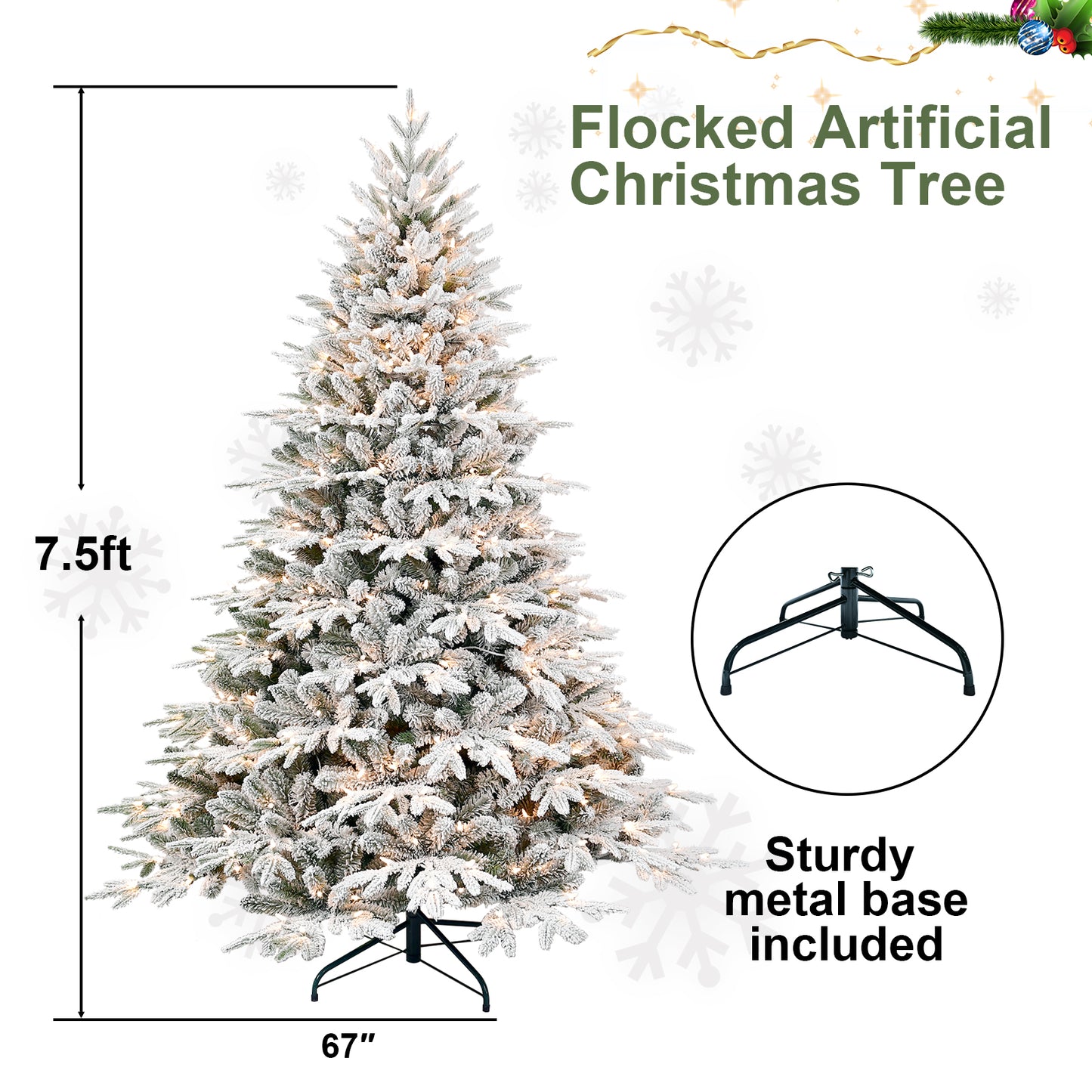 7.5ft flocked artificial Christmas tree with lights and sturdy metal base
