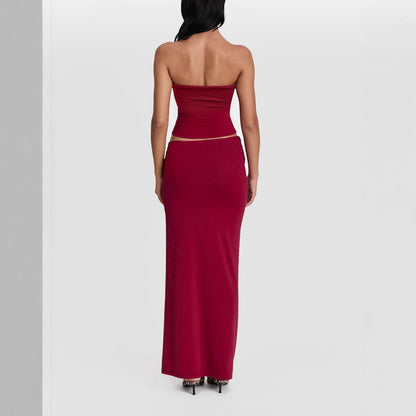Strapless Long Dress Two Piece Set | Slim Fit Dark Red Evening Gown