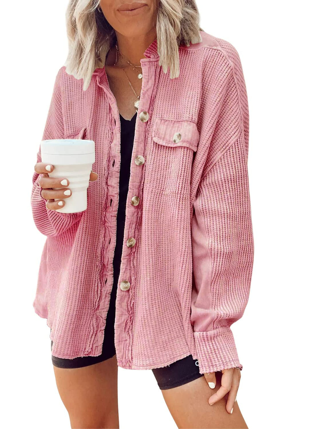 Button Shirt Jacket Women - Lapel Long Sleeve Fashion Jacket Tops