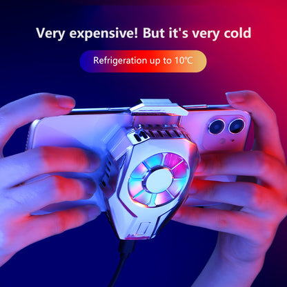 Handheld smartphone cooling fan accessory with colorful LED lights for gaming