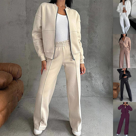 Women's Sports Suits Zipper Jacket Set With Wide Leg Pants - Polyester Activewear