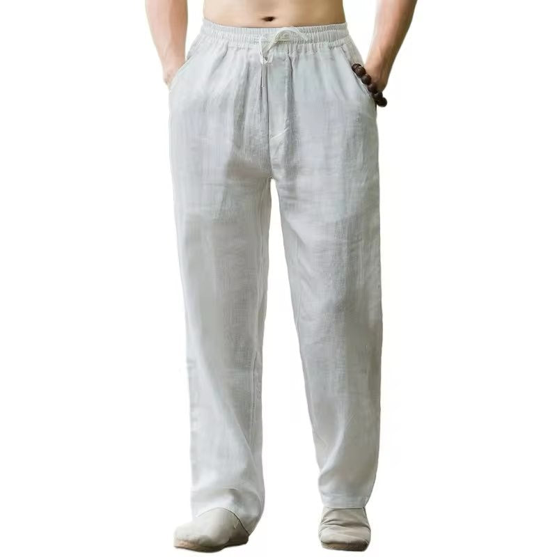 Men's white linen pants with elastic waist and drawstring, relaxed fit, casual wear