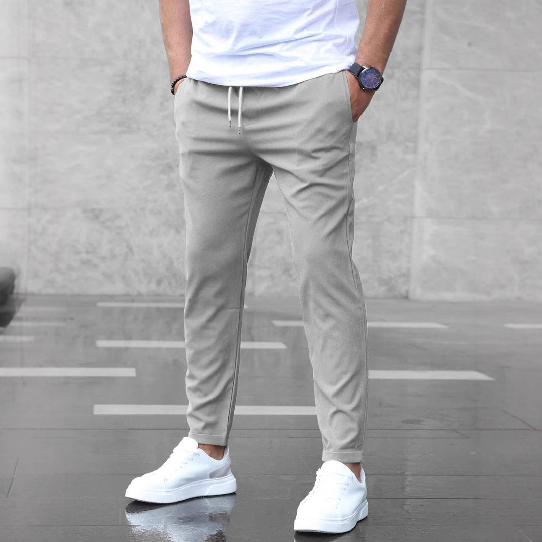 Men's Slim Fit Trousers - Casual Drawstring Waist Pants With Pockets