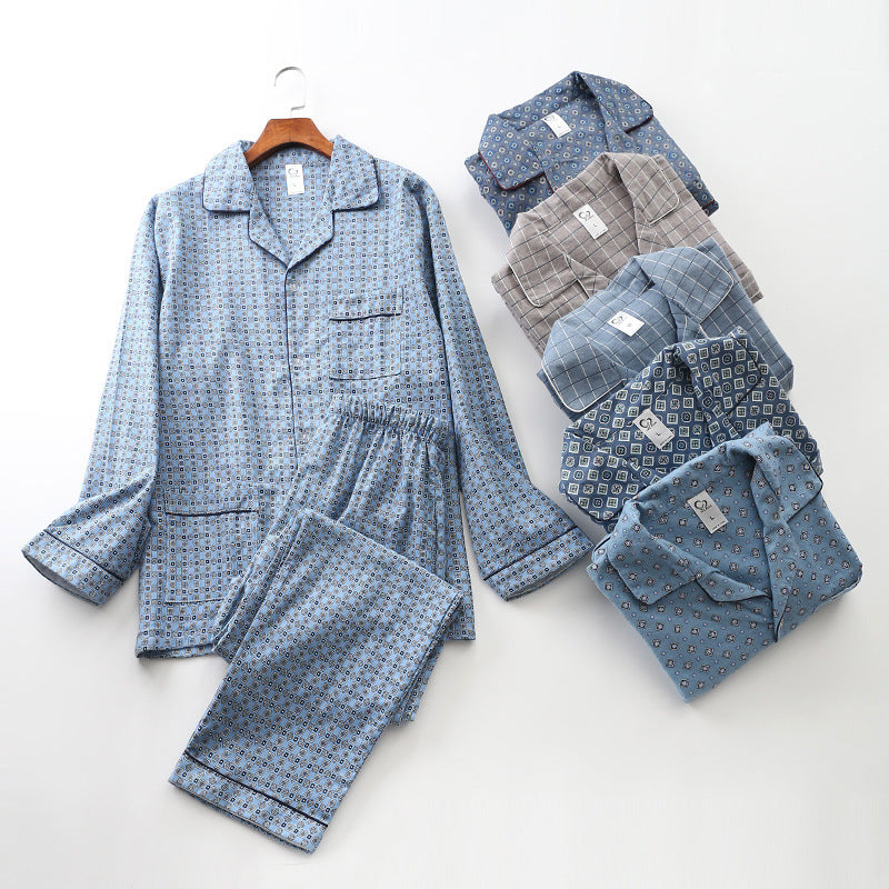 Long Sleeve Pajama Set - Men's Cotton Sleepwear With Lapel Collar & Blue Pattern