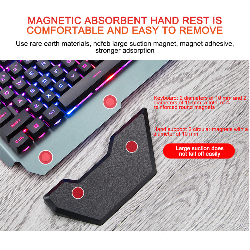 Magnetic absorbent hand rest with large suction magnets attached to a RGB mechanical keyboard on a wooden surface
