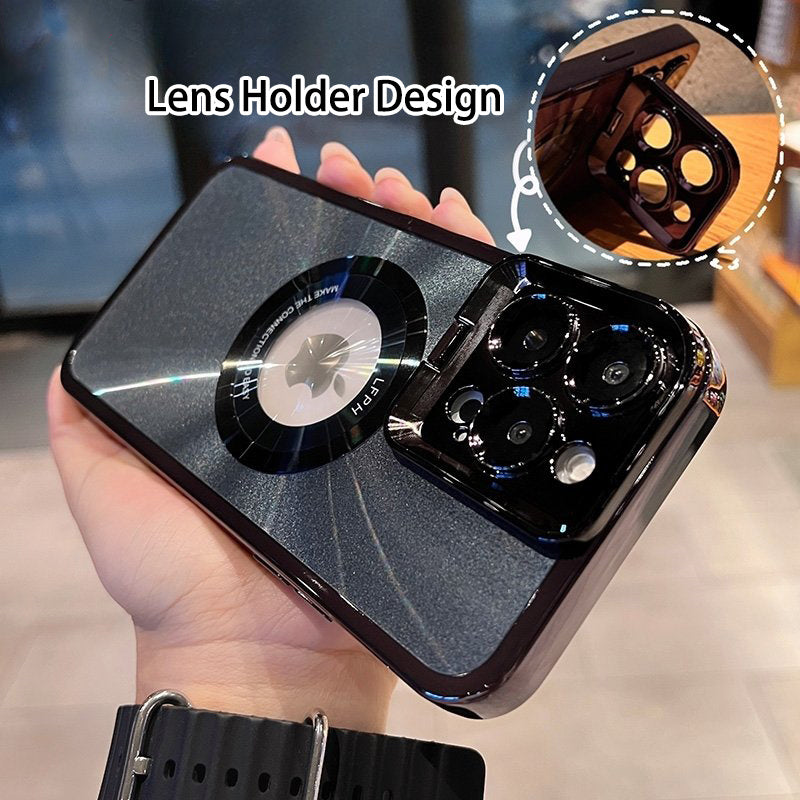 Hand holding black smartphone case with lens holder design and built-in camera lens protection