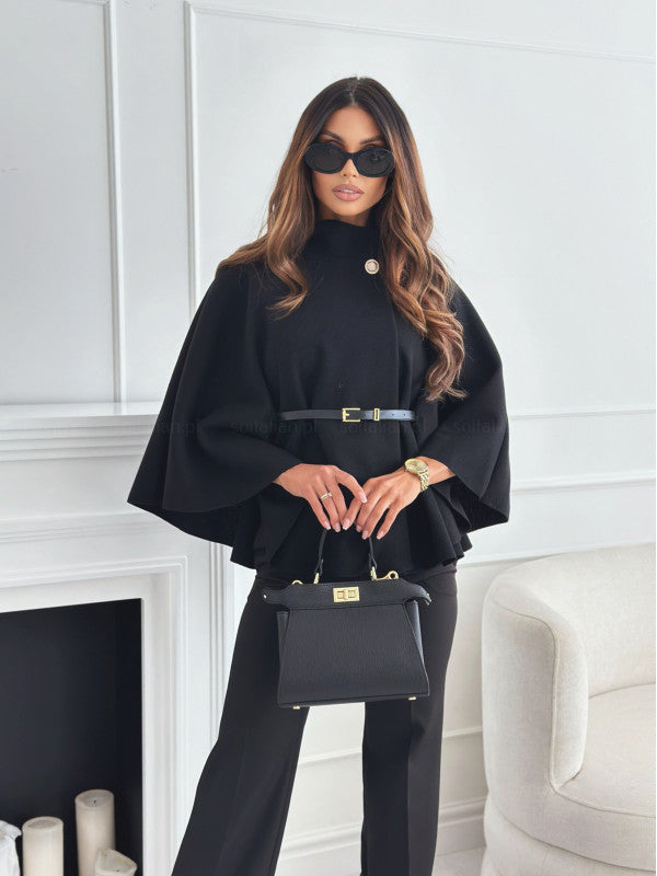 Stand Collar Cloak - Batwing Sleeve Jacket With Belted Woolen Sweater Outwear