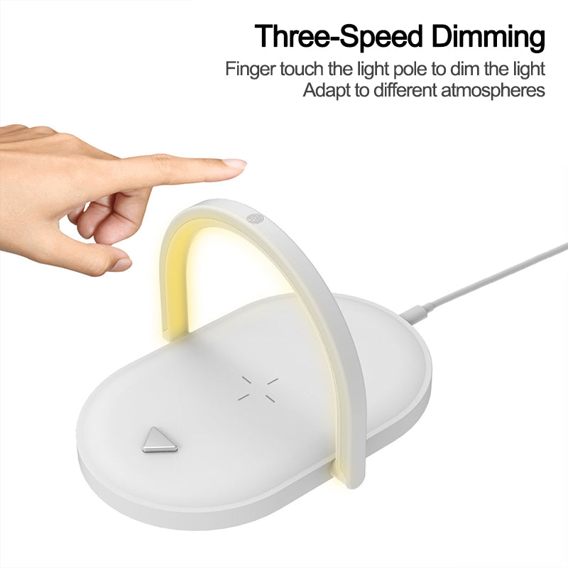 Hand touching white wireless charger with integrated three-speed dimmable LED light arch
