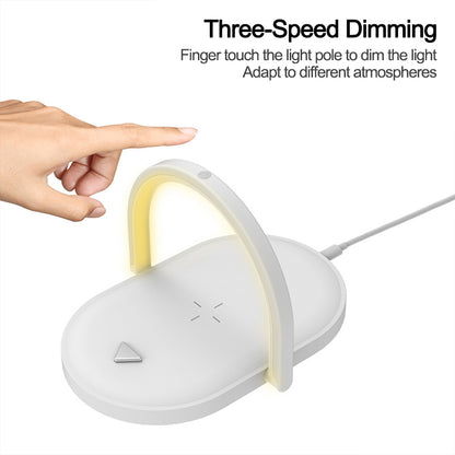 Hand touching white wireless charger with integrated three-speed dimmable LED light arch