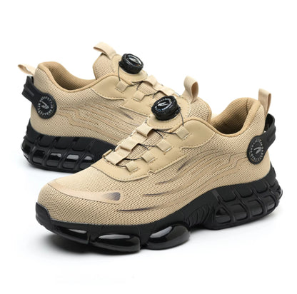 Beige mesh sneakers with black chunky soles and dial lace closure on white background