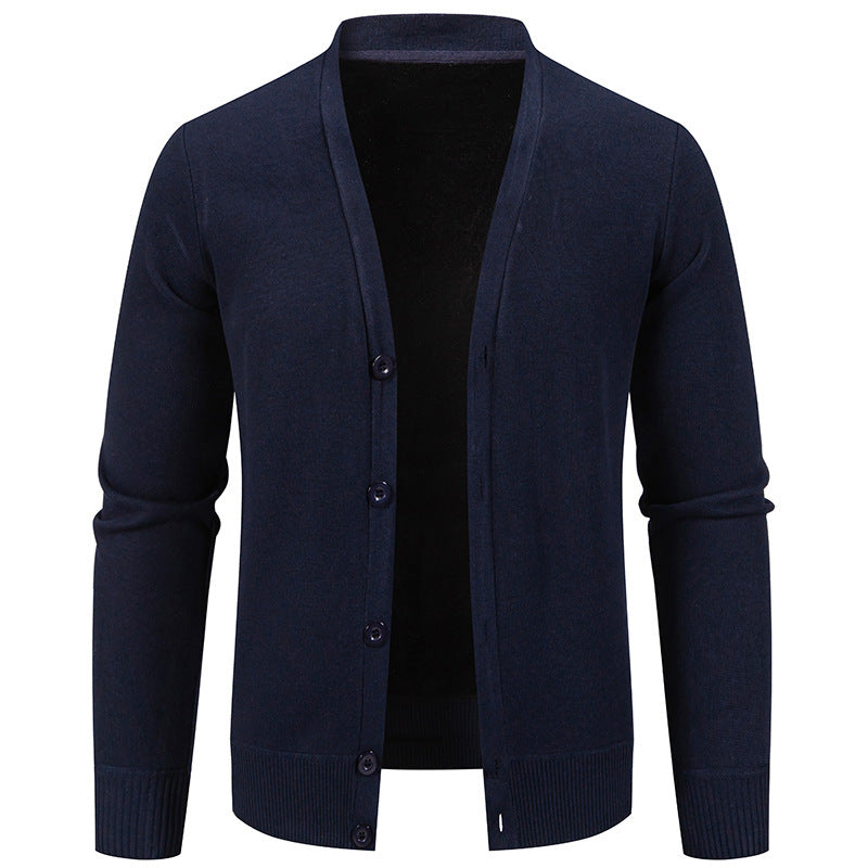 Men's navy blue button-up cardigan sweater with ribbed cuffs and hem on white background