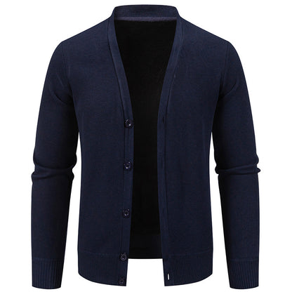 Men's navy blue button-up cardigan sweater with ribbed cuffs and hem on white background