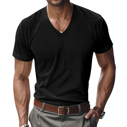 Loose Men's V-Neck Shirt - Casual Polyester Short Sleeve Pullover Tee for Summer