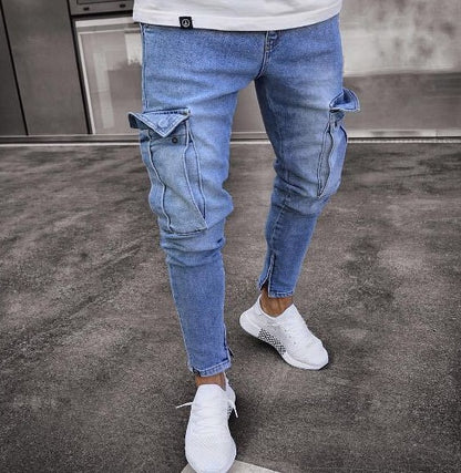 Cargo Hole Denim Jeans | Men's Skinny Cotton Tapered Pants Light Blue