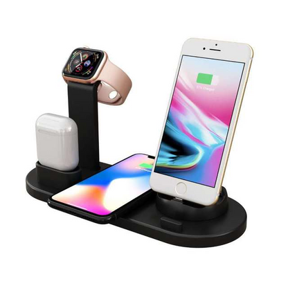 Black 3-in-1 wireless charging station charging smartphone, smartwatch, and wireless earbuds