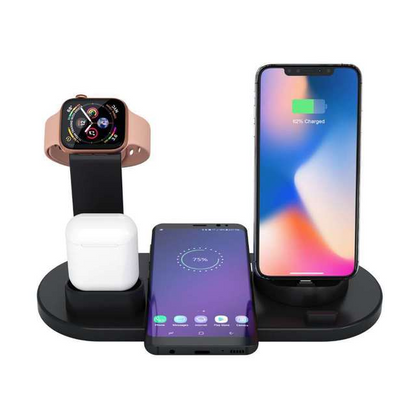 Black wireless charging station with smartwatch, smartphone, and earbuds charging