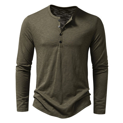 men's olive green long sleeve henley shirt with button placket