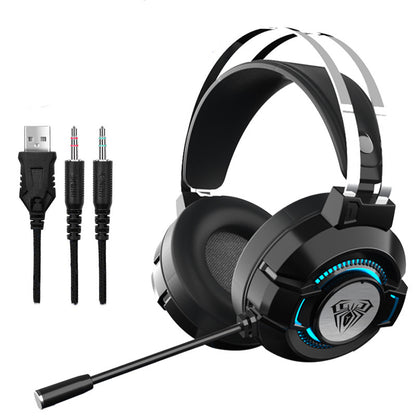 Black gaming headset with LED lights, adjustable mic, USB and dual 3.5mm audio connectors