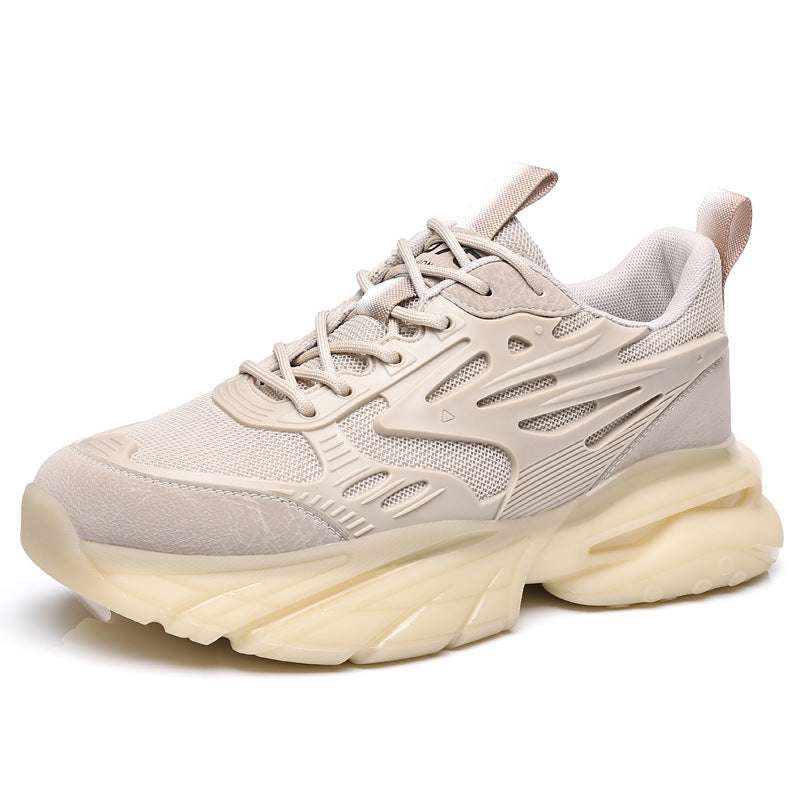 Beige modern chunky sole sneaker with mesh and synthetic upper, lace-up design