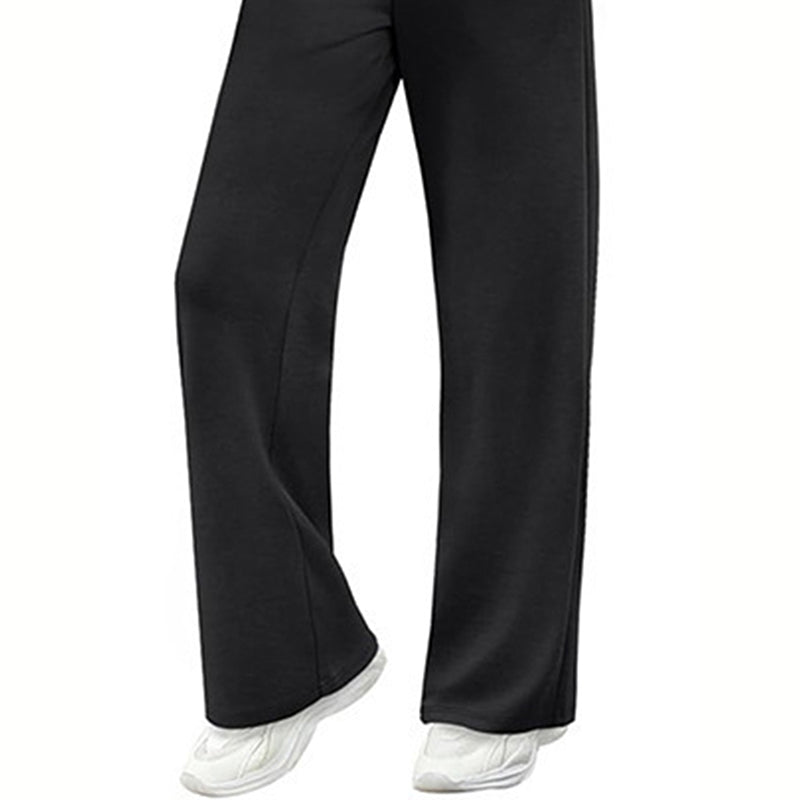 Women's Solid Color 2-Piece Set, Crew Neck Long Sleeve Ruffle Design Top With Tie-Waist Wide Leg Pants For Spring And Fall