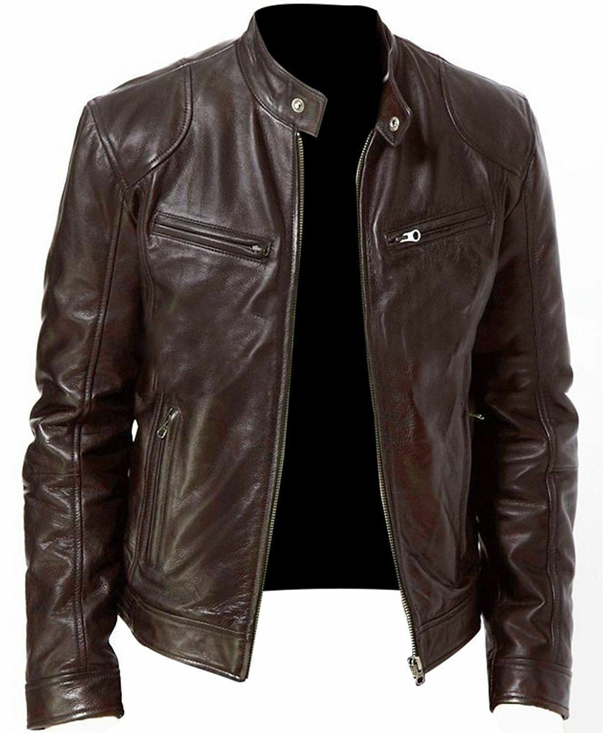 PU Leather Jacket Slim Fit Zipper Front Coat For Men - Business Style