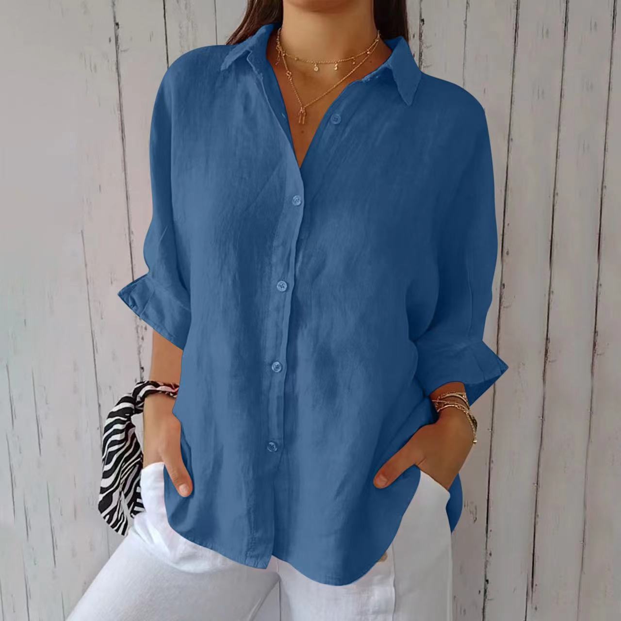 Lapel Long Sleeve Shirt - Women's Single-Breasted Pleated Blouse, Loose Fit